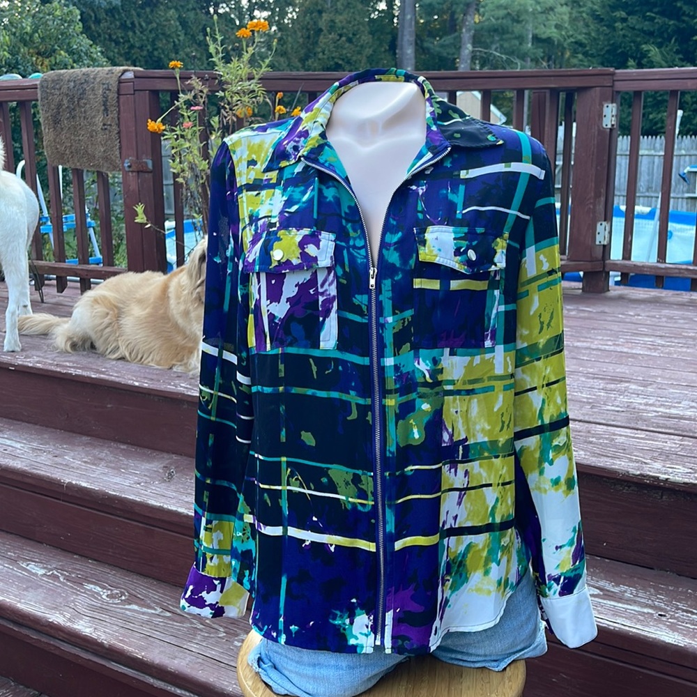 Tracy M Semi Sheer Zippered Front Blouse w/ Front Pockets - Splatter Color